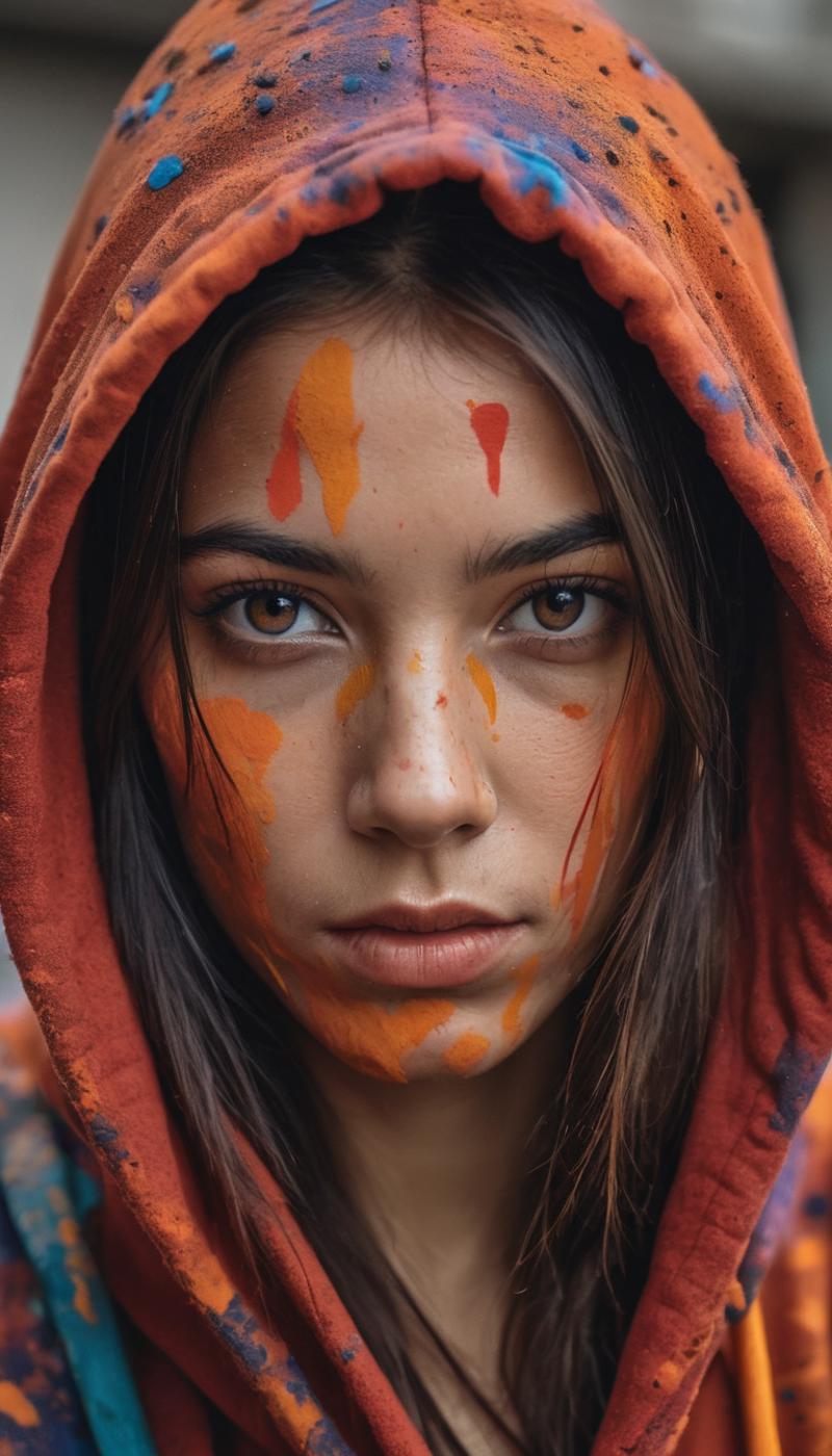 A close-up of a woman with orange and pink paint on her face.