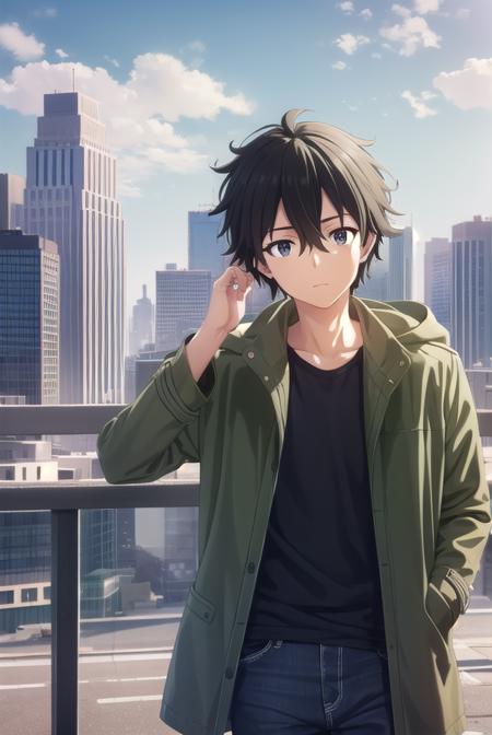 shuu ogata, short hair, black hair, hair between eyes, male focus, (black eyes:1.3), shirt, jacket, open clothes, open jacket, black shirt, green jacket,