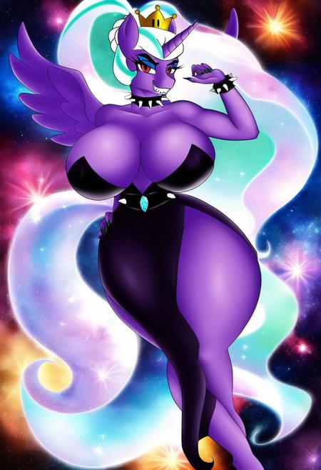 Opaline Arcana, My Little Pony, Alicorns, purple body, <lyco:MegaMilkV1-20:1.0>, poseMega, 1girl, breasts, super crown, collar, spiked collar, spiked bracelet, spikes, horns, large breasts, bracelet, crown, ponytail, long hair, smile, jewelry, teeth, nail polish, grin, black_dress, red eyes, grin, evil eyes, super crown, (thick thighs:1.3), (wide hips:1.4), (large boobs:1.3), looking at viewer, (floating in front of a galaxy), (detailed space background, shooting stars in background:1.2), ((lying in the middle of a galaxy)) space, stars, (galaxy:1.6), nebula, (universe:1.6), ((floating)), floating hair, (she is bigger than the universe)