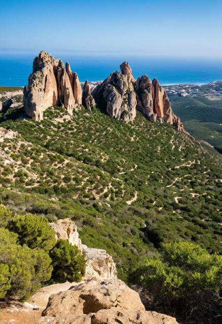 ((< Rock Landscape: Roques de Benet consists of towering and sharp rock formations. The limestone rocks form a challenging ridge, with the peak of el Castell as the highest point. In the surrounding area, we can see steep cliffs and interesting curves attention.))
((< View: From the top of el Castell, we will be treated to a spectacular view. Look towards the south, and you will see vast lowlands and towering mountains. All around us, expanses of wild nature and vegetation add to the beauty of the panorama.))
((<$ Weather: I imagine clear skies and the sun shining brightly over Roques de Benet. A light breeze might blow gently between the rock crevices.))
((>~ Activities: Hikers and nature lovers can explore Roques de Benet on foot or on a hike. Challenging trails will take you past stunning rock formations.))
((So, imagine yourself standing at the top of el Castell, breathing in the fresh air, and enjoying the stunning natural beauty of Roques de Benet! <<?)), outdoors, 8k uhd, dslr, high quality, extremely detailed, JuggernautNegative, Movie Still, Film Still, Cinematic, Cinematic Shot, Cinematic Lighting