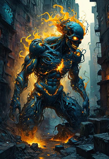 A meticulously rendered graffitipunk digital watercolor portrays a grotesque figure, with a contorted and deformed body, and patches of its skin peeling off to expose a black, pulsating abyss underneath. Its eyes are luminous pits of molten gold, casting shifting shadows that appear to move independently. With each stride, it takes, the ground distorts, forming rifts into a different dimension, teeming with indescribable nightmares. The cityscape behind is barely perceptible through the cosmic haze, where the graffiti intermittently emerges and disappears, as if desperately clinging to this reality. The figure's presence is oppressive.