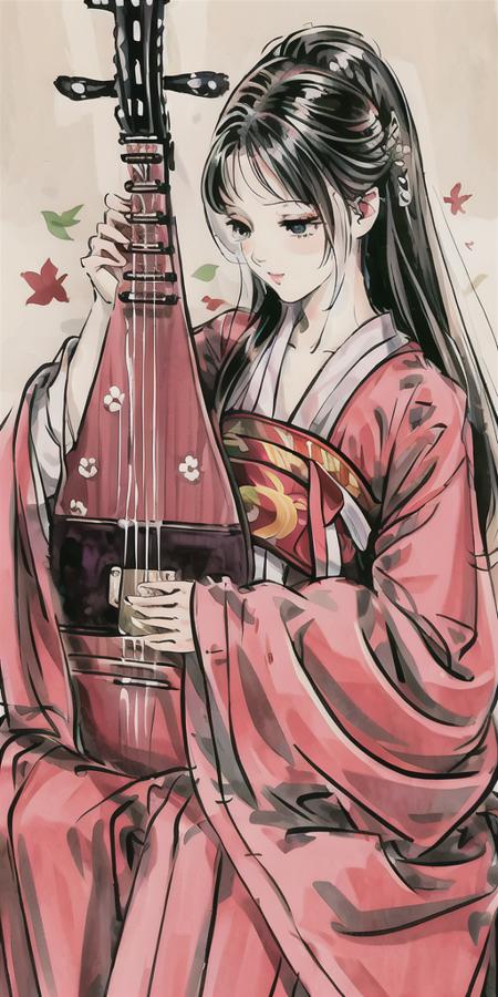 best quality, masterpiece, ,ultra high res,highres,, illustration. media, delicate,8k,4k,soft light,1girl, black_eyes, black_hair, hair_ornament, hanfu, holding_instrument, instrument, long_hair, music, playing_instrument, sash, sitting, solo,(red clothing:1.3),<lora:gufeng:0.8>