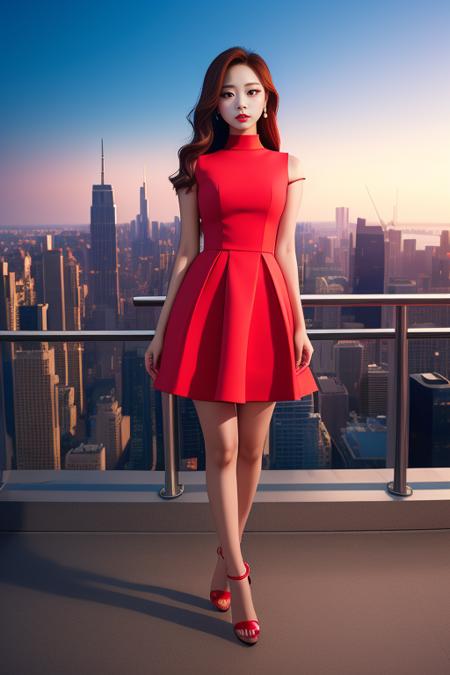 Tzuyu wide angle,full body, ((extremely detailed face and eyes)), lipstick,eyelashes,(parted lips), short cocktail dress, open toe high heel shoes, city skyline , looking at viewer, best quality, ultra high res, (photorealistic:1.4),  <lora:Tzuyu:0.9>