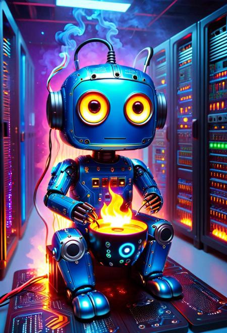 masterpiece, best quality, ultra-detailed, high resolution, vibrant colors, cinematic lighting, chibi blue robot, extremely cute, big expressive eyes, metallic with glossy finish, small and round body, sitting inside a high-tech server room, futuristic server racks glowing with neon lights, server room on fire, flames and smoke in the background, sparks flying, heat distortion, glowing circuit boards melting slightly,
the chibi robot is calmly drinking coffee, holding a steaming mug with both hands, sitting on a cable coil or small metal stool, eyes half-closed in satisfaction,
next to it, a metal plaque with glowing letters reading "SERVER UPGRADE" bolted to the wall,
adorable contrast between chaos and cuteness, cozy and humorous vibe despite the burning setting,
soft shadows, depth of field, colorful glow effects, stylized cartoon rendering.