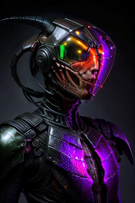 portrait of (beautiful face, long neck, slender arms)) bulletproof vest, helmet with horns, Mantis, greater stag beetle, crab, (purple glowing), detailed background, floating particles, darkness,