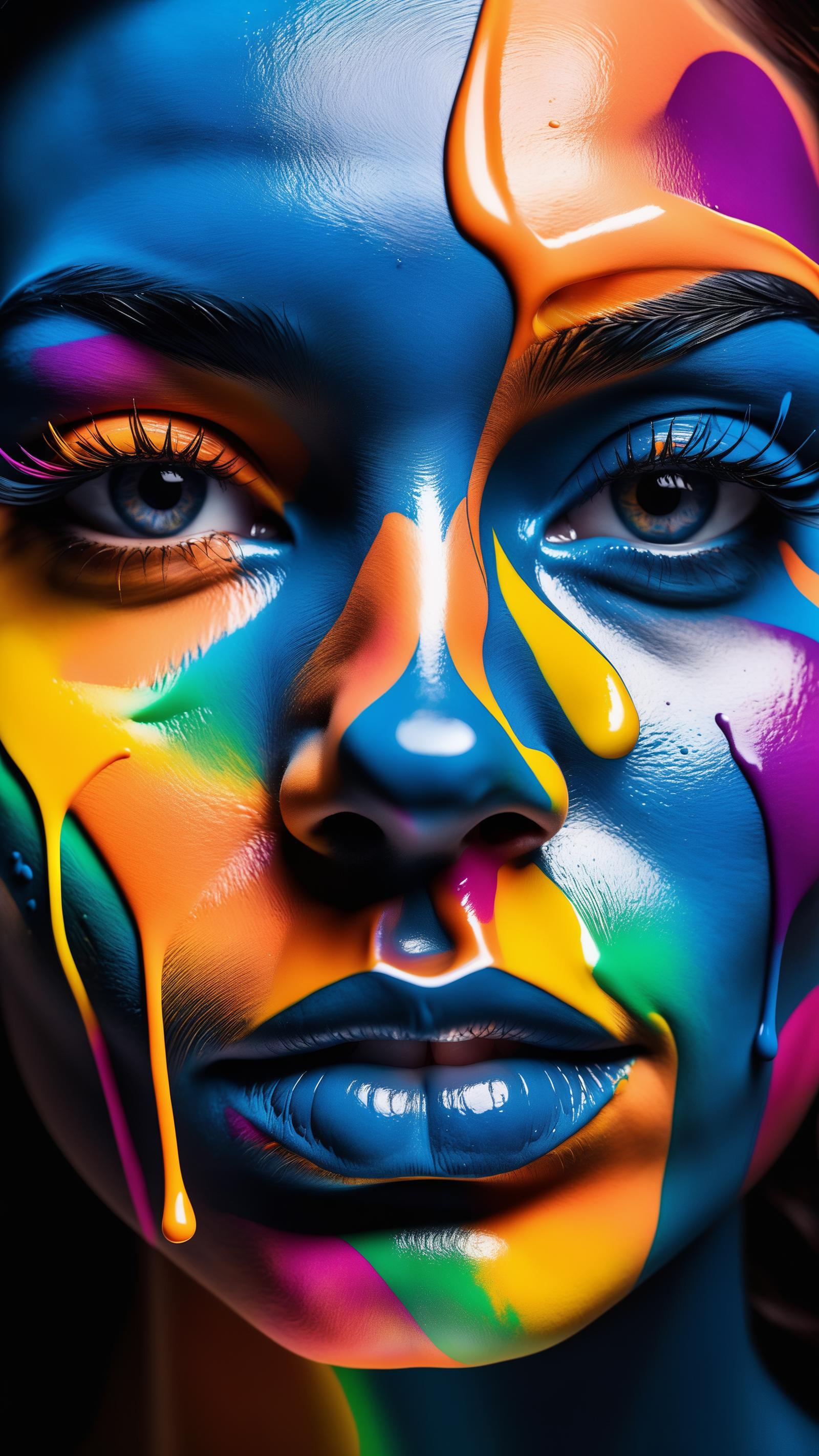 Colorful Rainbow Face of a Woman with Yellow Eyelashes and Blue Eyes