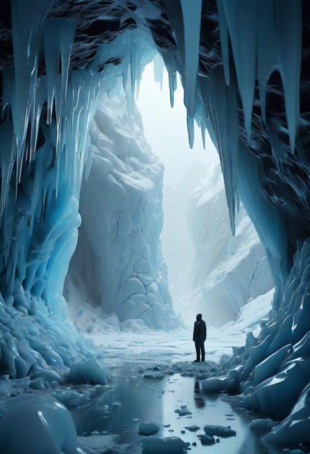 Intricate sci-fi dreamscape, (Sleeping figure emerging from ice cave:1.2), Intricate details, (Void world of emptiness:1.2), Mysterious atmosphere, (Surreal light:1.2), Enchanting composition.