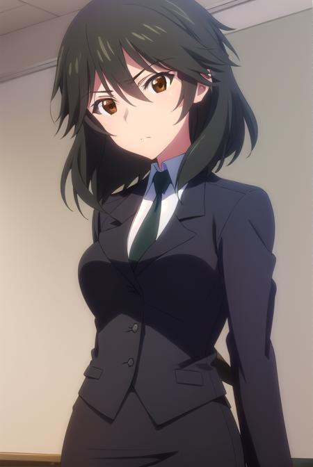 chifuyuorimura, <lora:chifuyu orimura s2-lora-nochekaiser:1>,
chifuyu orimura, long hair, bangs, black hair, hair between eyes, (brown eyes:1.3),
BREAK skirt, shirt, long sleeves, jacket, white shirt, necktie, black skirt, black jacket, formal, suit, black necktie, pencil skirt, skirt suit,
BREAK indoors, classroom,
BREAK looking at viewer, (cowboy shot:1.5),
BREAK <lyco:GoodHands-beta2:1>, (masterpiece:1.2), best quality, high resolution, unity 8k wallpaper, (illustration:0.8), (beautiful detailed eyes:1.6), extremely detailed face, perfect lighting, extremely detailed CG, (perfect hands, perfect anatomy),