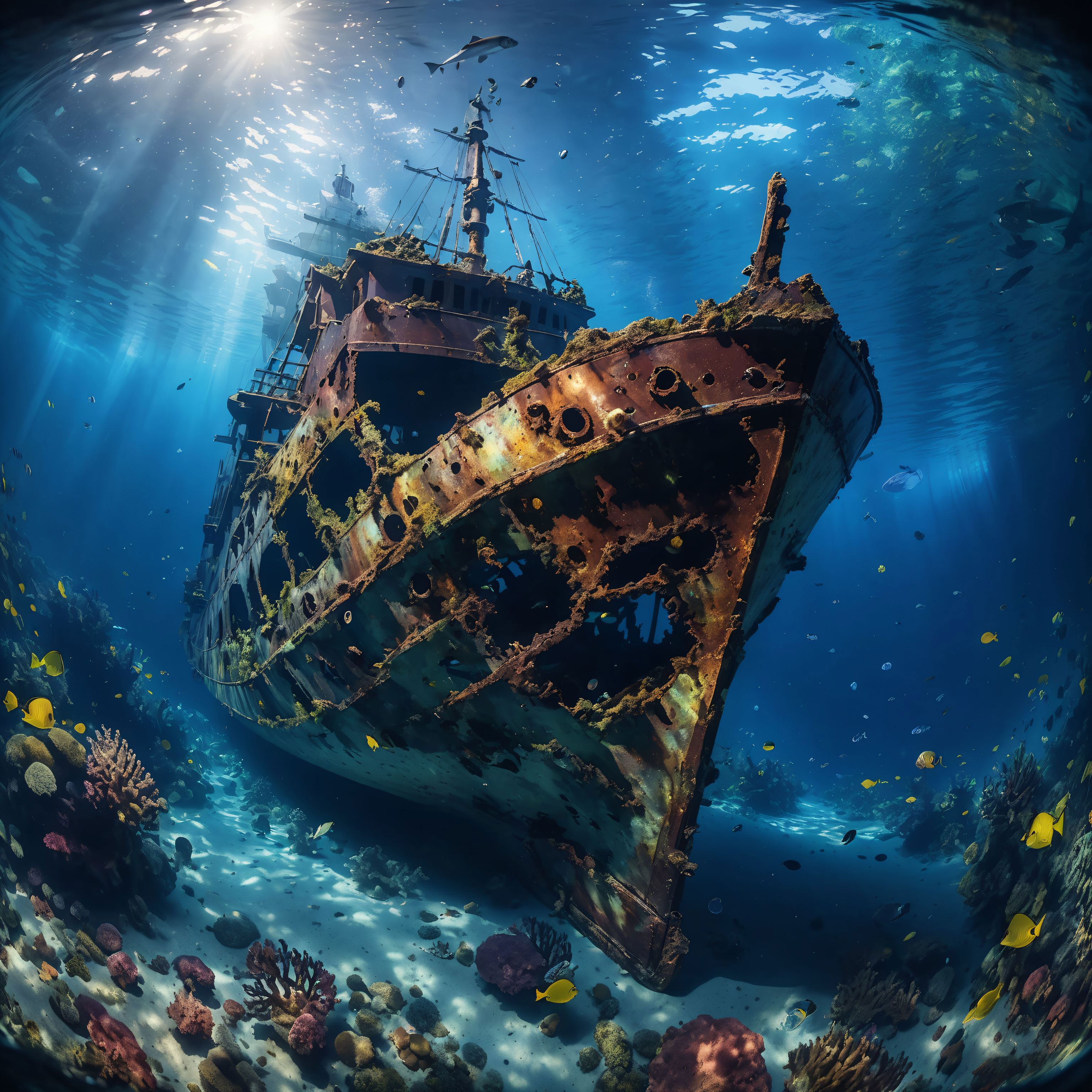 Dilapidated Ship Wreckage Surrounded by Coral and Sea Life