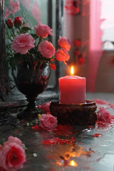 <(A fluffy silky octane render in the style of Timothy Thirst; It depicts a room filled with black candles and pink roses, the candles all melted halfway with the pink roses radiating a soft glow from within, creating an ethereal and dreamlike atmosphere):1.0>,
<(The colors and textures are rich and deep, perfect for any high-end art poster or print):0.9>
 <lora:add-detail-xl:1>,
 <lora:MJ52:1>