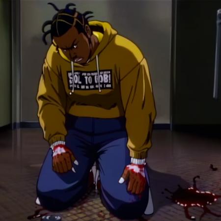<lora:anglcp_angelcopXL:0.8> anglcp anime style, 1980s anime, anglcp style solo, black skin, full beard, yellow hoodie, blue pants, white shoes, white socks, blood everywhere, half of head blown off, brain particles on the floor, depth of field
 <lora:mkybrxl:0.8> mkybr, male focus, 1boy, dark-skinned male, small braids sticking out on head, photo background fat black man