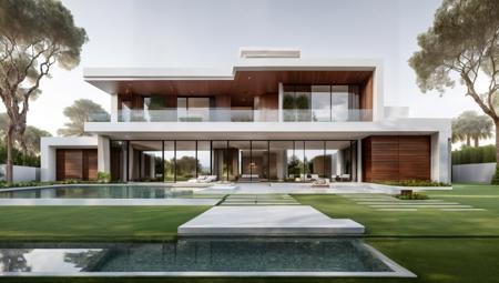 Modern Exterior design of villa,(masterpiece), best quality,8K,no humans, tree, sky, reflection, grass,window,  <lora:Modern_Exteriors by (Archilabstudios):0.5>,<lora:add_detail:0.5>