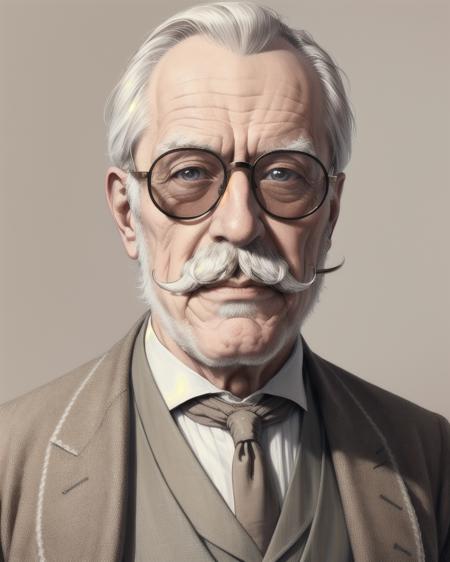 Hyper-detailed painting of a cool, chilled, confident elderly Victorian gentleman with an extravagant large straight symmetrical moustache, wearing round sunglasses, muted pastel colour scheme, studio lighting, plain background.