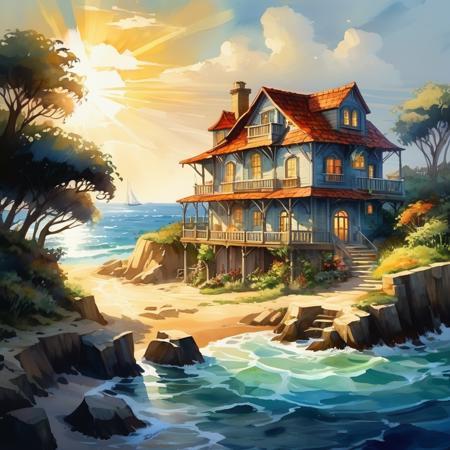 seaside scene,house,shining,nature light,Fantastic light and shadows,
2d game scene,oil and watercolor painting,<lora:Retro_Illustration:0.85>,