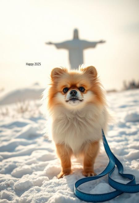 The image is a high-resolution photograph showing a small Pomeranian dog standing in the snow. The Pomeranian, with its fluffy, light tan coat, has a prominent white patch around its neck and chest, giving it a distinctive appearance. Bubble says "Happy 2025"
In the background, the snowy field... To the right of the dog, a blue and white leash lies on the ground, indicating that the Pomeranian might be outdoors with its owner. The overall atmosphere of the photograph is bright and lively, with Christ the Redeemer, an iconic image of Brazil, in the background.