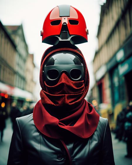 a person wearing a mask and a red scarf , solo, looking at viewer, 1boy, closed mouth, upper body, male focus, outdoors, blurry, blurry background, helmet