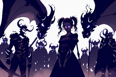 <lora:ShadowArmy_V1c:1>, ShadowArmy, one girl standing in front of shadow army, best quality, masterpiece, demonic and dragon army, 1girl, pigtails hair