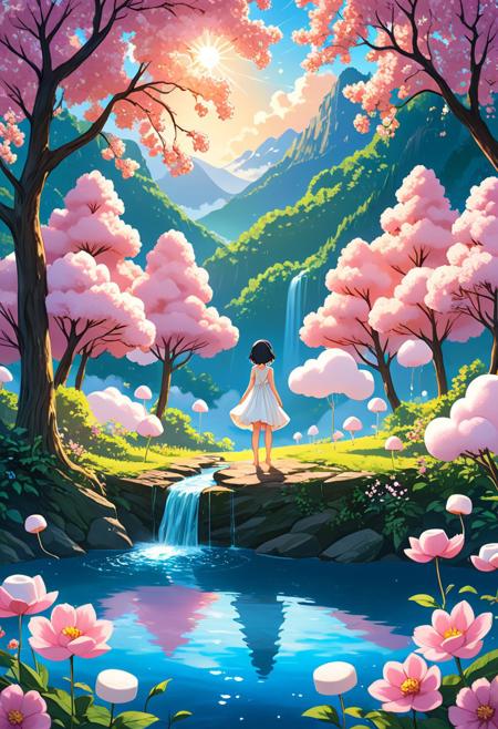 1girl, nature, solo, flower, outdoors, forest, tree, scenery, dress, water, standing, black hair, white dress, pink flower, barefoot, blurry, sunlight, blue dress, day, short hair, wide shot
, Marshmallow, 
minimalist flat illustration, serene and surreal scene, 
Wide range of colors, Dramatic, Dynamic, Cinematic, 
Hand drawn flat art illustration, Flat Colour Anime, anime artwork, 
adventure, fantasy, manga-anime, whimsy, 
concept-art, (aerial shot, aesthetic, dreamy, vibrant, vivid), 
textural, artistic, anime style, key-visual, studio anime, beautiful, painterly, 
highly detailed, ultra-detailed, intricate details, absurdres, 
aid291, midjourneyv6.1,