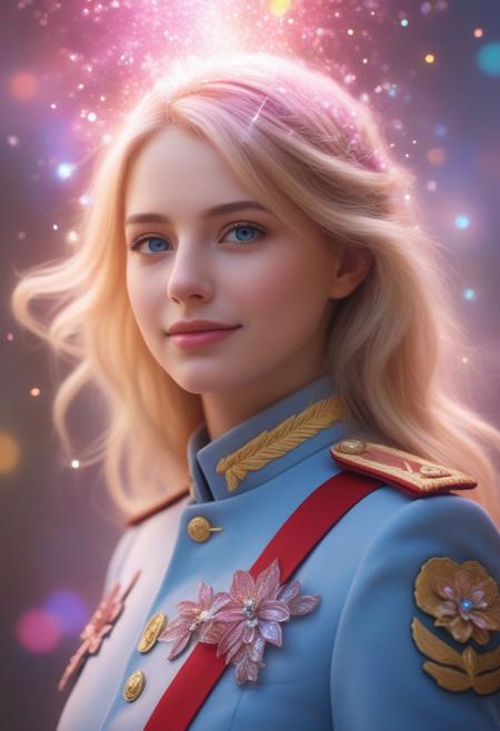 masterpiece, best quality, amazing quality, very aesthetic, absurdres, newest,, 1girl, TanyDegurechaff, elegant military uniform, calm expression, slight smile, blonde hair, cold blue eyes, vibrant magical glows, shimmering uniform, radiant light, upper body visible, head and shoulders visible, ethereal orbs, sparkling particles, delicate flowers, enchanting atmosphere, magic, tranquility., masterpiece, best quality, amazing quality, very aesthetic, absurdres, newest, soft light, explosion of colors, masterpiece, best quality, colorful, bright, multicolored, bright colors of paint, masterpiece, best quality, amazing quality, very aesthetic, absurdres, lots of multicolored rainbow light, focus on the face, lots of soft light, soft colors, very lots of multicolored rainbow light,