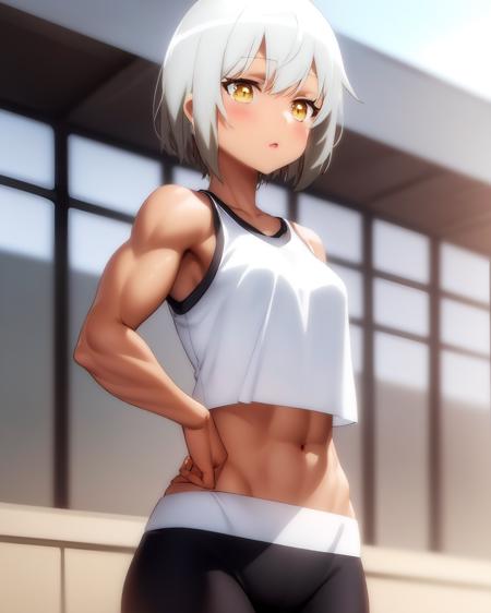 <lora:Tonari:0.9>, 1girl, white hair, short hair, dark-skinned muscular female, sportswear, midriff, finely detailed yellow eyes