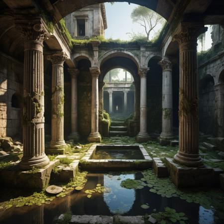 overgrown ancient roman bath ruins with partly destroyed mosaic floor and broken marble pillars and basin filled with swamp water, perfect composition, cinematic lighting, goosebumps atmosphere, dark dystopion scenery, the feeling of fear and melancholy, post apocalyptic, mixed style by Marc Simonetti and Jeremy Geddes and Ashraful Arefin and Vladimir Manyukhin and Sung Cho, incredible masterwork by head of prompt engineering  <lora:add-detail-xl:1>  <lora:xl_more_art-full_v1:0.5>