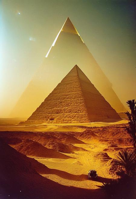 ()Hyoer Realistic:2.0)Polaroid picture 
an image of Ancient Egyptian pyramids, bathed in golden light, as a shimmering portal materializes beneath. The portal's iridescent glow illuminates the desert sands, beckoning travelers to enter. Capture the contrast between the ancient structures and the (futuristic, utopian universe within, teeming with lush vegetation, gleaming spires, and hovering spacecraft. Incorporate a sense of wonder and discovery, as the secrets of the pyramids unlock a gateway to a brighter, intergalactic future: 2.1)
BREAK 
(breathtaking view from the I-70 overpass, a must-see spot for any traveler. This iconic vantage point offers a stunning panorama of the Colorado landscape, where the majestic Rocky Mountains meet endless skies. Don't forget your camera!:1.5)