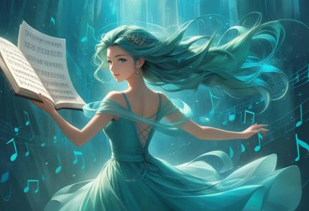 [(Turquoise-toned ambiance:1.10) ::0.90], a Cubist artwork bathed in a stunning blue-green hue. The focal point is a musician in a captivating turquoise dress, embodying dedication and hard work. Turquoise mist softly rises around her, while ethereal turquoise musical notations float in the air, adding to the mystical atmosphere. Her gaze is entranced by a mesmerizing web of turquoise magical letters, blue mystical symbols, and arcane notation, enhancing the enchanting aura of the scene. Adorned in a transparent, backlit summer dress that emits a soft glow, the musician exudes an aura of ethereal beauty, creating a harmonious blend of artistry and magic.
