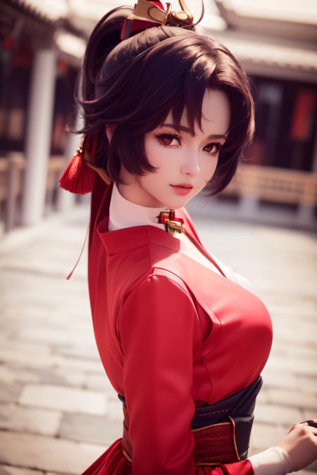 (best quality, masterpiece:1.4), (ultra realistic, raw photo, 8k, photography:1.4), soft sunlight, intricate detailed, 
1 girl, solo, beautiful and cute face, floating hair, beautiful eyes, fair skin, upper body, narrow waist, floating ponytail, looking at viewer, light smile, 
((yunying in red and white outfit)), <lora:Yunying_v11c:0.7>,