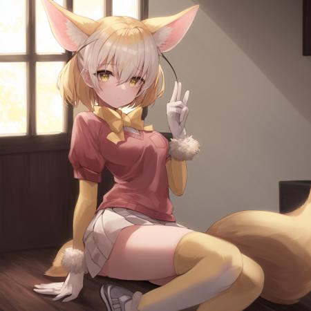 feen, 1girl, fennec ears, big ears, blonde hair, short hair, fox tail, yellow bowtie, white pleated skirt, brown eyes, puffy short sleeves, yellow gloves, yellow thigh-highs, pink short sleeved v-neck sweater, white undershirt, bangs, fox girl, fur trim, yellow neckwear, yellow sleeves, hair between eyes, white shoes, breast pocket, ((solo)), detailed shading, detailed ambient light