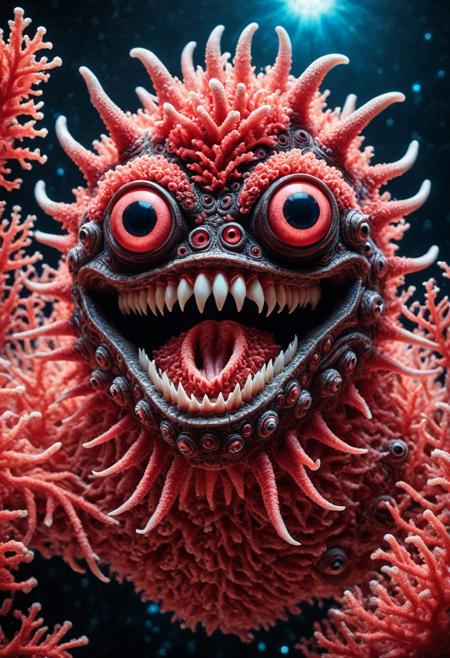 masterpiece,ultra-high resolution,incredible composition,extremely detailed, Coral
monster  with googly eyes, sharp teeth, rage extraterrestrial inside it, in space. made of enchanted  Macabre made of Coral