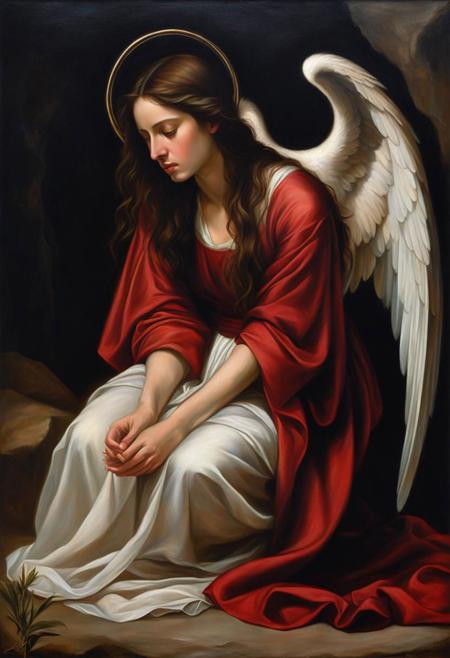Intimate oil painting,inspired by Caravaggio and El Greco BREAK (Penitent Mary Magdalene:1.3),Kneeling in remorse,Tear-streaked face,(Humble attire:1.2),(Contrite posture:1.2),(Soft glow:1.2) BREAK (Gentle angels:1.3),Gracefully hovering,(Ethereal presence:1.2),(Subtle radiance:1.2),(Seraphic companions:1.3) BREAK Muted surroundings,Sacred atmosphere,(Spiritual introspection:1.2),Executed with masterful strokes,Rich chiaroscuro,Evocative emotion.,