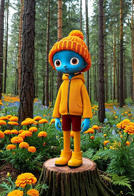 A small, blue-skinned humanoid creature stands on a tree stump in a flower-filled forest, evoking an air of quiet significance and mystical presence. Its oversized eyes—bright and orange—convey a sense of wisdom and emotion. The creature wears a mustard yellow knit hat and burnt orange jacket, paired with deep red pants, harmonizing with the autumnal tones of the surrounding marigold-like flowers. The stylized, toy-like proportions, flat textures, and balanced color palette give the figure an emblematic, almost folkloric presence, as though it is a mythical archetype or spirit of the forest embodying themes of transformation, innocence, and seasonal transition.