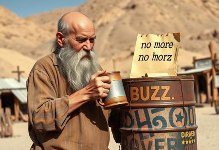 an old man with long beard bald holding a rusty metal mug with the text "BUZZ" trying to fill it from an old drum with the legend buzz on the side with a sheet stuck on top that says "there is no more buzz" in a desert town