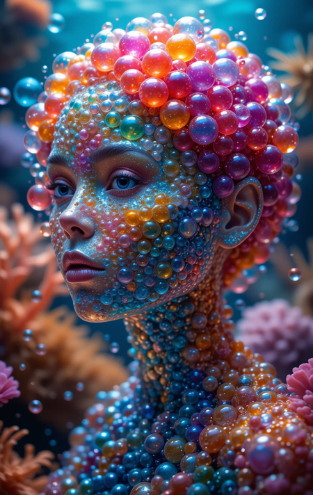 Colored bubbles densely packed to mimic the contours and features of a human female head, vibrant marine life in the background, soft diffused light piercing through the water, creating a glossy sheen on the scales, natural habitat, schools of smaller bubbles in the periphery, high-resolution photography, depth of field, dynamic composition, ultra-realistic, 8k detail. The bubbles reflect the light and create a shiny effect. The image is colorful, creative, and fun.