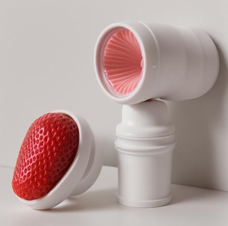 fleshlight detailed product in front of a white wall, orifice is shaped like a strawberry