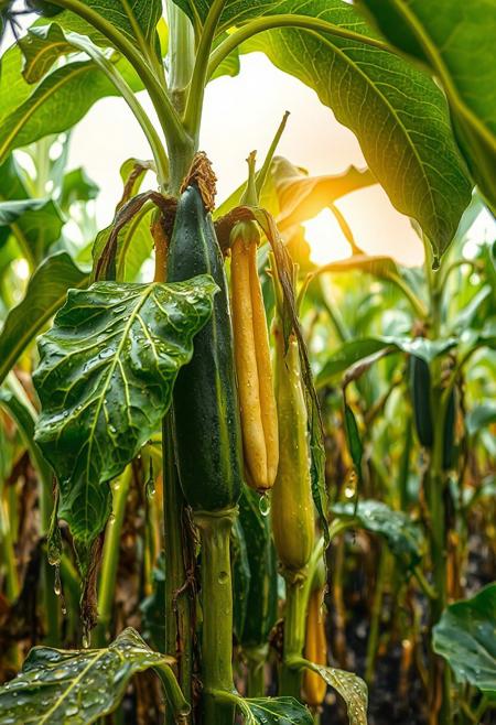 a bunch of milpa plants, with water droplets on them, milpa dripping, a Gaint milpa planting system, corn, bushes of squash, beans, wearing a milpa, milpa dripping juice, milpa, milpa wall, “milpa, rainy background, raindrops, wild milpa plants, beautiful art uhd 4 k, clear liquid and snow, nature wallpaper, gems and diamond for milpa plants, rain drops, 32k, rain drops, sun shining behind the glowing clouds,