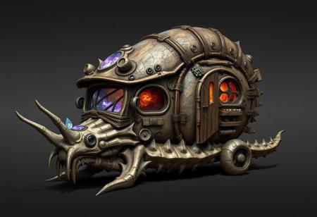 concept, a medieval styled motorhome, powered by magic crystals, themed and shaped like a snail, made up of various animal parts, includes bones shells fangs claws in its construction,