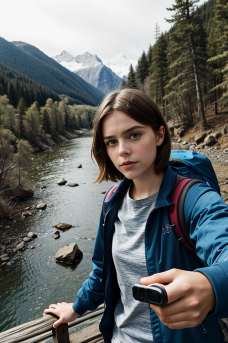 KiernanShipka, ((selfie)) photo, serious look, outdoors, mountains, wearing a backpack, sweater, hiking jacket, rocks, river, wood, analog style, (look at viewer:1.2), (skin texture), close up, cinematic light, sidelighting, Fujiflim XT3, DSLR, 50mm