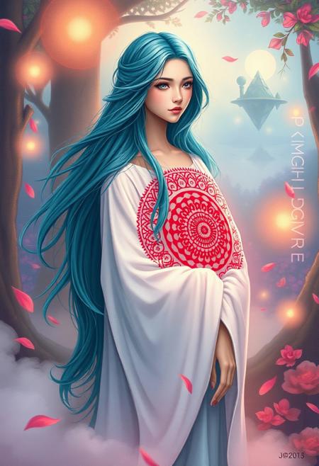 fantasy portrait, mystical woman, long flowing teal hair, calm expression, white flowing robe, intricate red circular pattern, surreal atmosphere, ethereal beauty, standing in a glowing forest, floating petals, shimmering light, soft fog, vibrant hues, delicate textures, (intricate details:1.4), hand-painted illustration, glowing orbs, dreamlike scene, (surreal lighting:1.5), vibrant colors, pastel tones, glowing plants, floating islands in the distance, mystical energy, swirling clouds, (highres:1.3), soft brush strokes, fantastical elements, (blurry:-1.4), (ugly:-1.3), (lowres:-1.5), (flat colors:-1.4), (cartoon:-1.3), (sketch:-1.2), (overexposed:-1.3), (distorted features:-1.4), (monochrome:-1.4), (text:-1.5), (watermark:-1.6)
