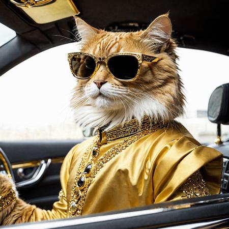 long hair cat man, A closeup of fantastical image of a cat man wear glasses and wears a gold-plate dress, black glasses, clad in flowing, flowing full gold-plate dress, wielding an jewellery ornate, ornate jewellery, Their face are filled with power and determination, as they wield the jewellery n a fluid, drives a gold-plate luxury car, hand holding the car steering wheel, gold car interior, gold car, side view, looking at viewer, dynamic motion,