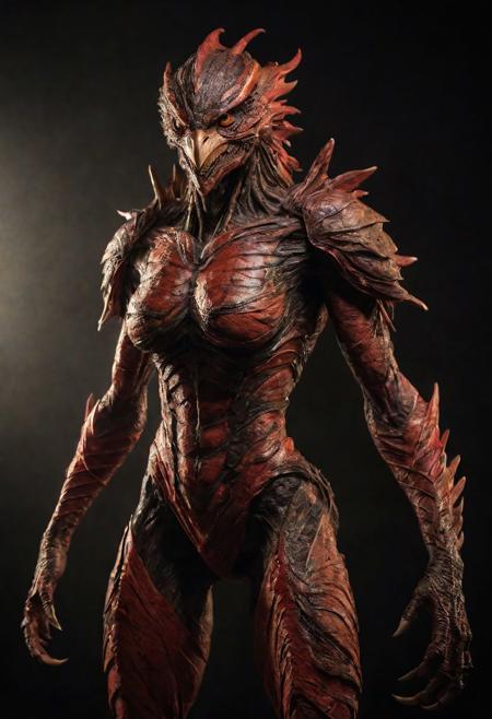 Frontal view. looking forward, looking viewer, full body, realistic professional photography, monster werebird woman, brown and red, cinematic lighting, perfect shading, amazing composition, dynamic angle, 35mm photograph, best quality, masterpiece