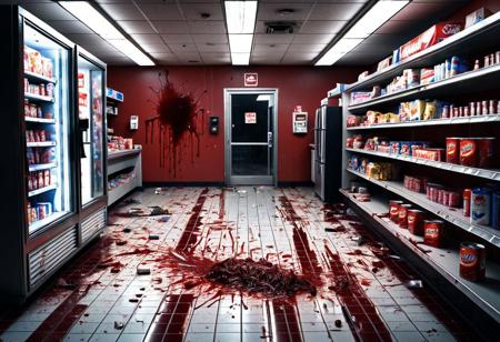 A photorealistic 8K image of a late-night convenience store in chaos. Shelves are knocked over, snack bags and canned goods litter the floor, and the glass front door is shattered. A thick, dark red trail of blood winds through the aisles, smeared across the tile floor as if a bleeding body had been dragged from the entrance toward the back room. Blood spatters stain the fridges and checkout counter. Overhead fluorescent lights flicker harshly, casting cold, jittery shadows across the scene. The air feels tense and eerie—quiet, with a strong sense that something terrible just happened. Gritty realism, cinematic lighting, and strong contrast.