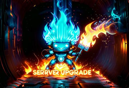 tunnel, sewer tunnel, reflection, creepy, dark, dirty,,chibi blue robot, extremely cute, big expressive eyes, metallic glossy finish, small round body, maniacal grin, wielding a flamethrower, joyfully setting servers on fire, (sign that says: 'SERVER UPGRADE':1.4), futuristic server racks exploding with neon flames, intense smoke, sparks erupting, melting circuit boards, chaotic overheating glow, adorable pyromaniac contrast, dark humor vibe, cinematic dramatic lighting, vibrant fiery colors, ultra-detailed, best quality, masterpiece, dynamic shadows, depth of field, extreme heat distortion, stylized cartoon rendering, pcb_style, epic cinematic color style, logo, text, sign that says, the word, textural_art , text logo(sign that says: 'SERVER UPGRADE':1.4),
