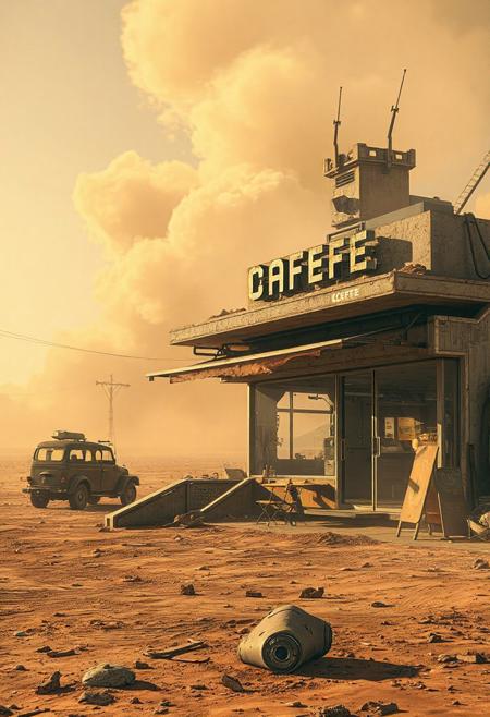 An exterior view of a futuristic, destroyed, lonely coffee shop, post apocalyptic barren planet, dry and dusty, parched surface, hot windy atmosphere, dust blowing, smoke, rising in the background, broken glass, decay, wrecked vehicles, science fiction