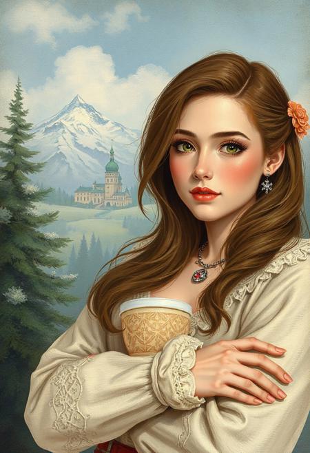 Иллюстрация высокого качества, девушка-бариста держит чашку кофе. Улыбается.