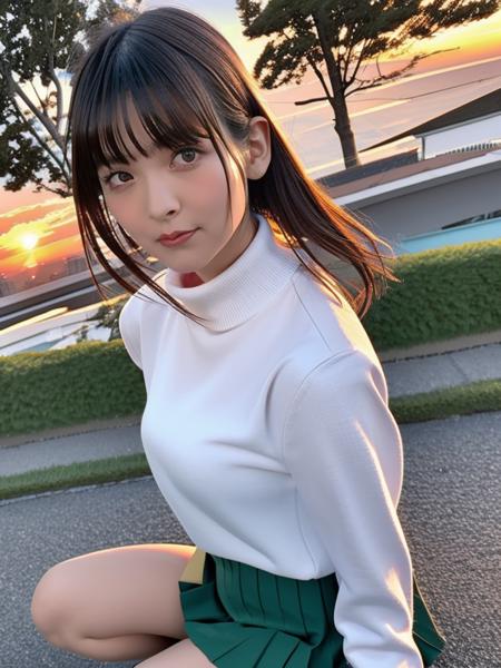 <lora:LadyUesakaSumire:0.45>
woman,solo,happy, closed mouth ,

looking at viewer,sunset,skyline,turtleneck,skirt,unparalleled masterpiece, ultra realistic 8k CG, clean, beautiful face,