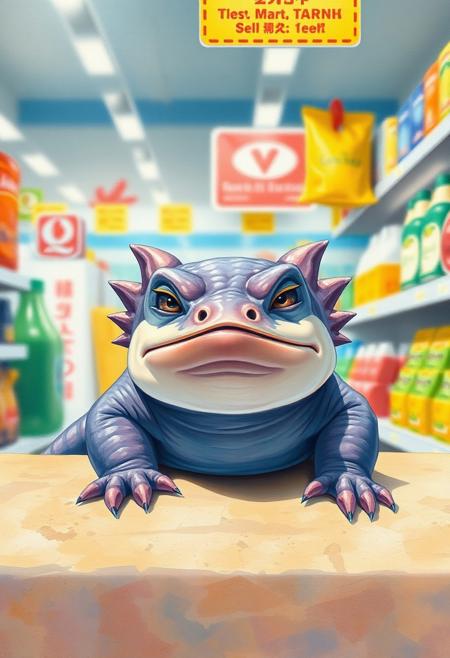 "(masterpiece, best quality, high quality, highres), very awa, highres, absurdres, 
(chii-kun \(seedyoulater\):0.7), (naguru \(cyoroama\):0.7)water color painting, rough canvas, rough surface, 
(axolotl:1.1), 
(no humans:1.1), (cute:1.2), comfy, solo, cozy, 
indoors, shoping, market, sunny day, consumer goods, supermarket, frown, 
oil painting, depth of field, cinematic, 
"