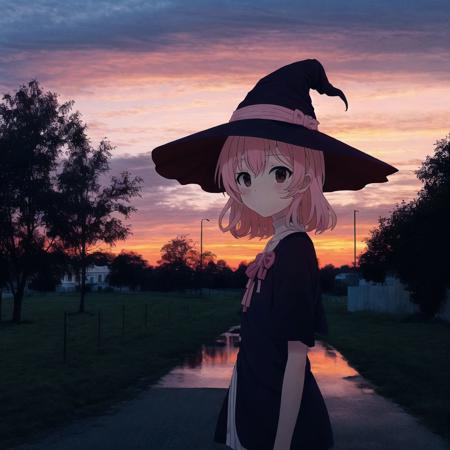 <lora:anime_irl:1>, anime_irl,  a white fence and a white house and trees at sunset with a pink sky in the background and clouds in the distance, comic, gap, hat, highres, mini-hakkero, monochrome, witch hat