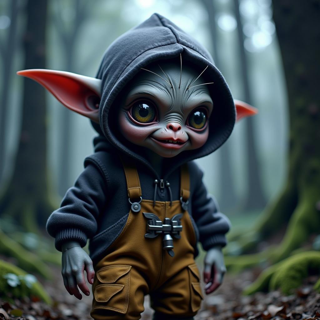 <lora:cute-monsters-flux:1.3>, cutmons, necrocute, styleofcmn, a cute goblin creature with dark grey thick skin, wearing a hoodie and big parachute pants, dramatic makeup, dramatic lighting, ultra detailed textures and colors, in a dark magical forest, howling,  8k