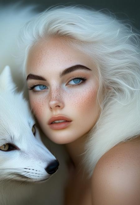 The image is a hyper-realistic digital artwork created in a photorealistic style, focusing on a close-up portrait of a young woman with striking, ethereal features. She has pale, almost translucent skin with a subtle, delicate scattering of freckles across her cheeks and nose. Her piercing, almond-shaped eyes are a striking light blue, almost glowing in the soft, ethereal lighting. Her hair is platinum blonde and wild, cascading over her face and shoulders, blending into the white fur of a large, mystical-looking white fox that wraps around her face and neck.rockabilly style, realistic, 1girl, looking at viewer, wolf, slit pupils, animal, close-up, solo, white hair, portrait, 1950's